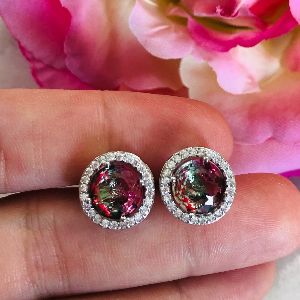 Pink & Green Round Crown Topaz Stud Earrings